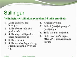 Stillingar Vélin hefur 9 stillitakka sem ofan frá talið eru til að: Stilla á kolsýru eða blandgas Stilla á beina suðu eða punktasuðu Stilla lengd milli punkta þegar punktsoðið er Stilla vírfærslu Stilla á samhæfingu vírs og straums eða stilla hvort um sig Kveikja á vélinni Stilla á fjarstýringu og af fjarstýringu Stilla straum í amperum Stilla hvort sjóða eigi á MIG/MAG pinnasuðu eða tigsuðu 27.4.2010 Garðar, Hildur og Jónas 