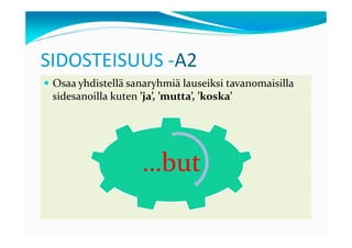 SIDOSTEISUUS -A2
 Osaa yhdistellä sanaryhmiä lauseiksi tavanomaisilla
 sidesanoilla kuten ’ja’, ’mutta’, ’koska’




                   …but
 
