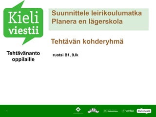 Suunnittele leirikoulumatka
               Planera en lägerskola

               Tehtävän kohderyhmä
Tehtävänanto   ruotsi B1, 9.lk
  oppilaille




1
 