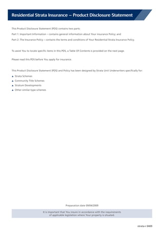 Strata Insurance Policy Example SUU Residential Strata PDS (Product Disclosure Statement / Policy ...