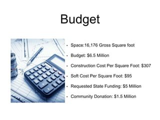 Budget
• Space:16,176 Gross Square foot
• Budget: $6.5 Million
• Construction Cost Per Square Foot: $307
• Soft Cost Per S...