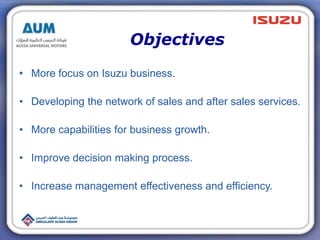 Objectives
• More focus on Isuzu business.
• Developing the network of sales and after sales services.
• More capabilities for business growth.
• Improve decision making process.
• Increase management effectiveness and efficiency.
 