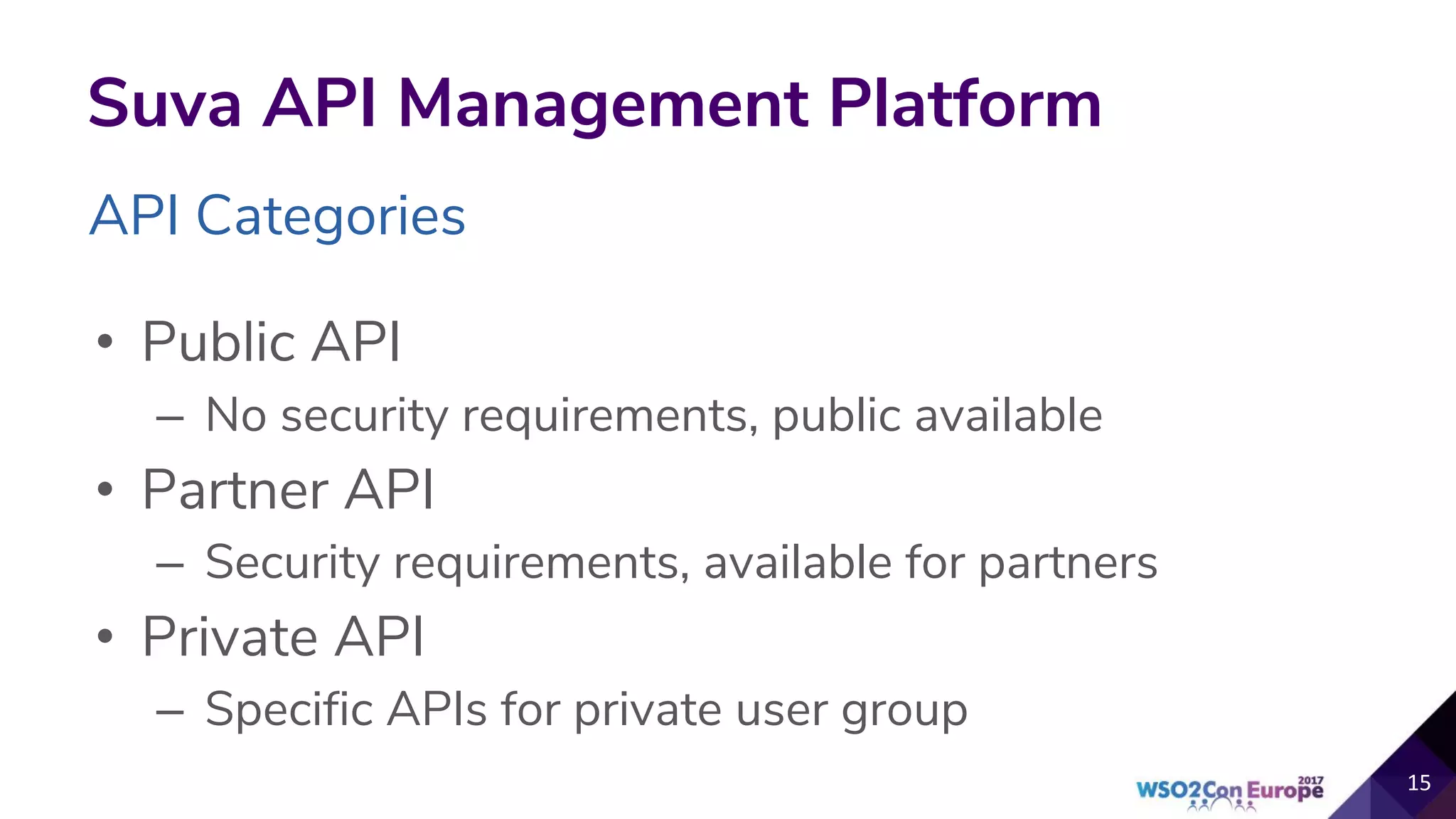 API Categories
Suva API Management Platform
• Public API
– No security requirements, public available
• Partner API
– Security requirements, available for partners
• Private API
– Specific APIs for private user group
 