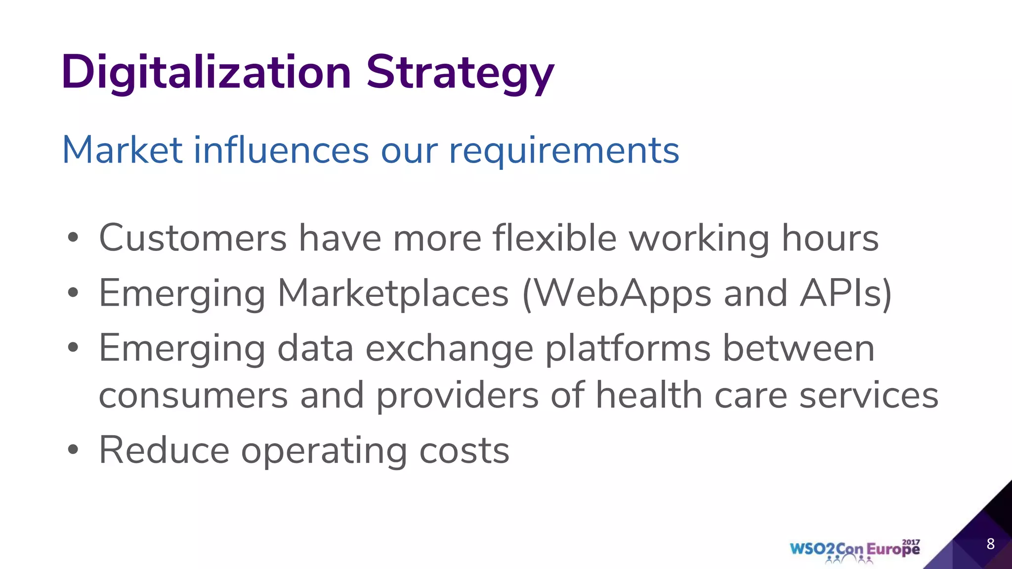 Market influences our requirements
Digitalization Strategy
• Customers have more flexible working hours
• Emerging Marketplaces (WebApps and APIs)
• Emerging data exchange platforms between
consumers and providers of health care services
• Reduce operating costs
 