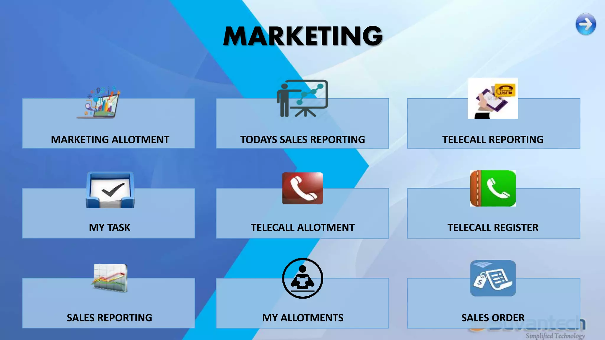 MARKETING
MARKETING ALLOTMENT
MY TASK
SALES REPORTING
TODAYS SALES REPORTING
TELECALL ALLOTMENT
MY ALLOTMENTS
TELECALL REPORTING
TELECALL REGISTER
SALES ORDER
 