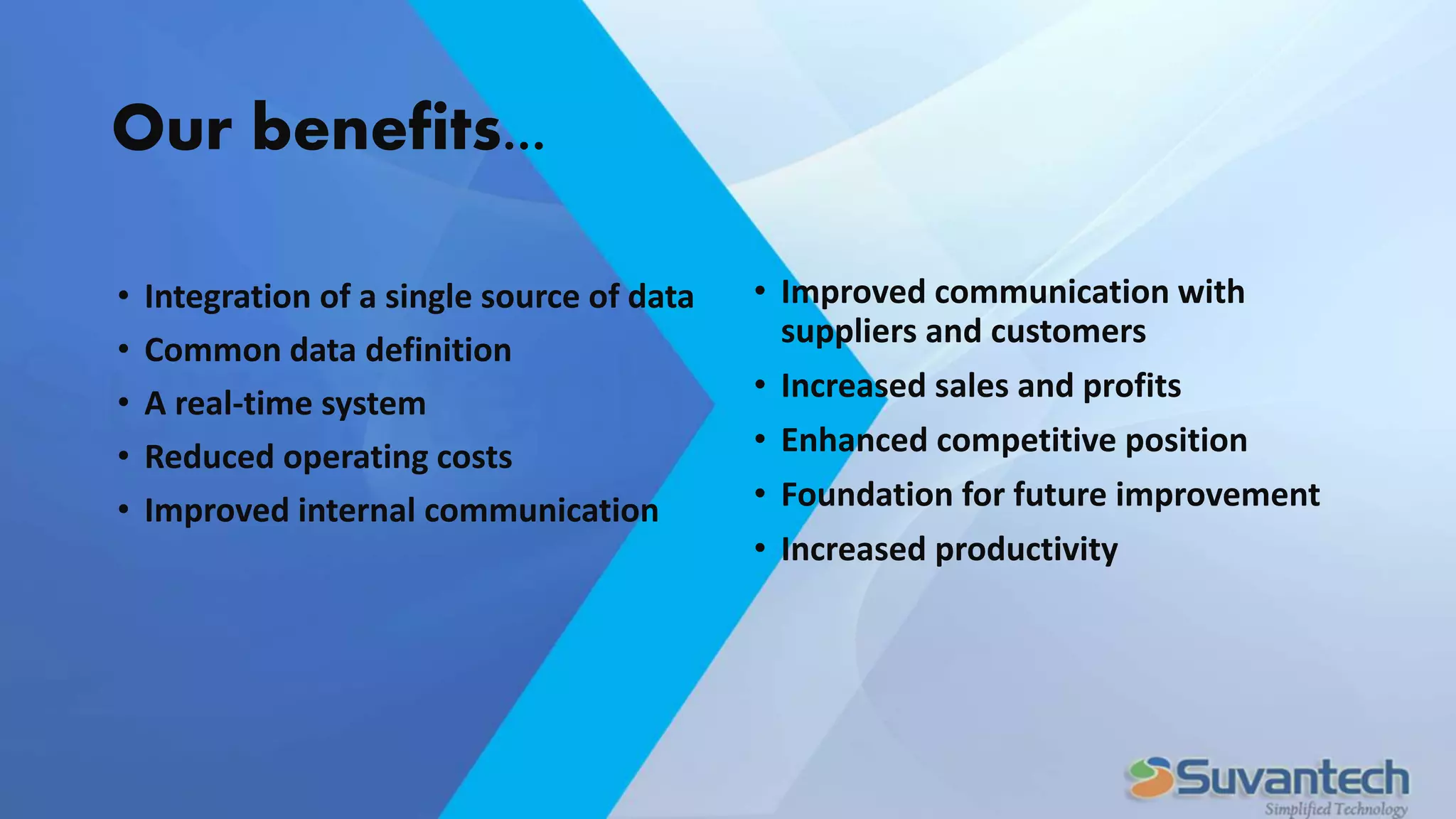 Our benefits...
• Integration of a single source of data
• Common data definition
• A real-time system
• Reduced operating costs
• Improved internal communication
• Improved communication with
suppliers and customers
• Increased sales and profits
• Enhanced competitive position
• Foundation for future improvement
• Increased productivity
 