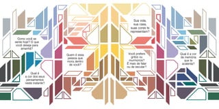 Qual é
a cor dos seus
pensamentos
neste instante?
Como você se
sente hoje? O que
você deseja para
amanhã?
Sua vida,
sua casa,
suas cores te
representam?
Qual é a cor
da memória
que te
acalenta?
Você prefere
gritos ou
murmúrios?
É mais de falar
ou de escutar?
Quem é essa
pessoa que
mora dentro
de você?
 