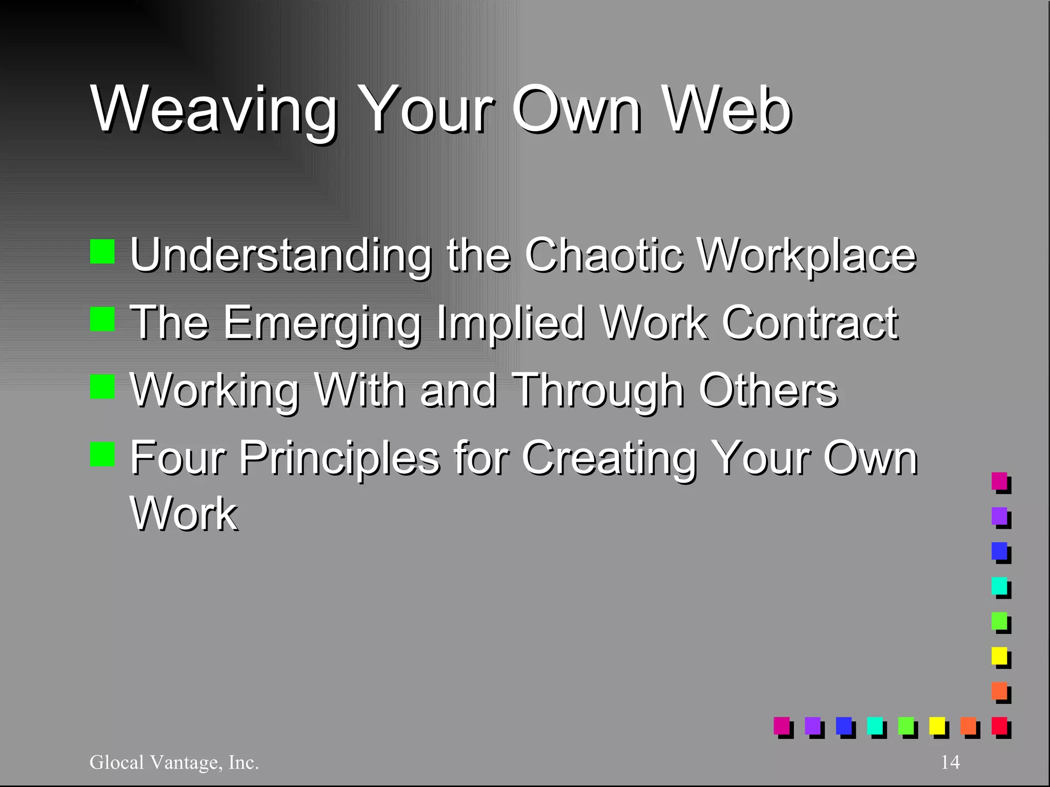 Weaving Your Own Web Understanding the Chaotic Workplace The Emerging Implied Work Contract Working With and Through Others Four Principles for Creating Your Own Work Glocal Vantage, Inc. 