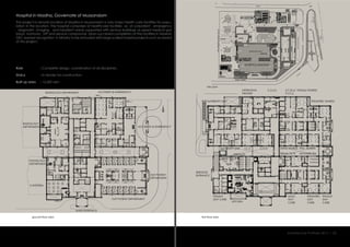 Hospital in Madha, Governate of Mussandam
This project in remote location of Madha in Mussandam is only major health care facilities for popu-
lation in the location. The hospital comprises of healthcare facilities as of outpatient , emergency
, diagnostic ,imaging and inpatient wards supported with service buildings as piped medical gas
block, mortuary , STP and service compounds .Upon successful completion of the facilities in Masirah
GEC earned recognition in Ministry to be entrusted with large scaled hospital projects such as award
of this project.
:
:
:
Role
Status
Built up area 12,600 sqm
In tender for construction.
Complete design, coordination of all disciplines.
first floor plan
site plan
ground floor plan
MAIN ENTRANCE
CAFETERIA
PATHOLOGY
DEPARTMENT
RADIOLOGY
DEPARTMENT
RADIOLOGY DEPARTMENT ACCIDENT & EMERGENCY
HOISPITAL BUILDING
ACCIDENT & EMERGENCY
OUT PATIENT DEPARTMENT
OUT PATIENT
DEPARTMENT
LP
LP
LP
LP
LP
LP
EDB
EDB
WMH
SMH
WMH
WMH
RETAININGWALL
EXISTINGMASONRYBOUNDARYWALL
ROAD
ROAD
RIPRAP
WMH
FP
MH
MH
MH
MH
SB
SB
EXISTINGOPENCARPARK
BUILDING
U/GELECLINE
LP
GL
GL
GL
GL GL
GL
GL
GL
GL
GLGL
GL
GL
DMH
DMH
WMP
WMP
WMP
WMP
WMP
WMP
WMP
MH
MH
MH
M ORTUARY
3 .65 x5.50M
SLUDGE
DRYINGBED
C
A
0104
DN
UP
OXYGEN &
NITROUS OXIDE
MANIFOLD ROOM
EXISTING
BUILDING
EXISTING
BUILDING
EXISTING
BUILDING
EXISTING CLINIC BLDG.
TO BE REFURBISHED &
ELEVATION TO BE MODIFIED
PROPOSED
STP
FLUSH
KERB
FLUSH
KERB
FLUSH
KERB
LPGLPG
FRIDGE/
FREEZER
B45
CABLETRENCH
(L1730xW500xD300)
WR
WR
WR
WR
DOOR MAT
DOORMAT
2400
1200
DOORMAT
2400
1200
Architecture Portfolio 2017 I 22
FRIDGE
M
FRIDGE
M
FRIDGE
FGMW
FG
FG
FG MW
M
WR
WR
WR
WR
WR
B45

2400
1200
200 2000 200
KITCHEN
FEMALE
DAY CARE
MALE
DAY
CARE
PEDIATRIC
DAY
CARE
PEDIATRIC WARDSMATERNITY UNIT
MATERNITY UNIT
SERVICES
SERVICES
ENTRANCE
I.C.U C.C.U
FEMALE WARDSC.S.S.DOPERATION
THEATER
S.C.B.U/
P.I.C.U
FEMALE
DAY
CARE
MALE WARDS
RENAL DLYS MOTHERS RM
PED- WARDS
 