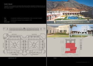 Hotel in Nizwah
This project was conceived in concurrent with venued national celebration in Nizwah and was com-
pleted on a constrained schedule. A 3star Hotel comprising of a swimming pool, multi-cuisine restau-
rant, health club etc.
:
:
:
Role
Status
Built up area 15,145 sqm
Constructed in 2 phases to be completed in 1999.
Coordination, detailing and implementation at site, as architect of project.
views
site planground floor plan- ph-2
elevation
Architecture Portfolio 2017 I 31
COURTYARD COURTYARD
GUEST ROOMS
GUEST ROOMS
GUEST ROOMS
GUEST ROOMS
GUESTROOMS
GUESTROOMS
EXISTING HOTEL
PH-1
PH-2
 