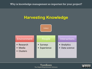 TomKeen
The Digital Empowerment Advisors
Harvesting Knowledge
Why is knowledge management so important for your project?	
Environment	
•  Research	
•  Media	
•  Clusters	
People	
•  Surveys	
•  Experience	
Interactions	
•  Analytics	
•  Data	science	
Collect	
 