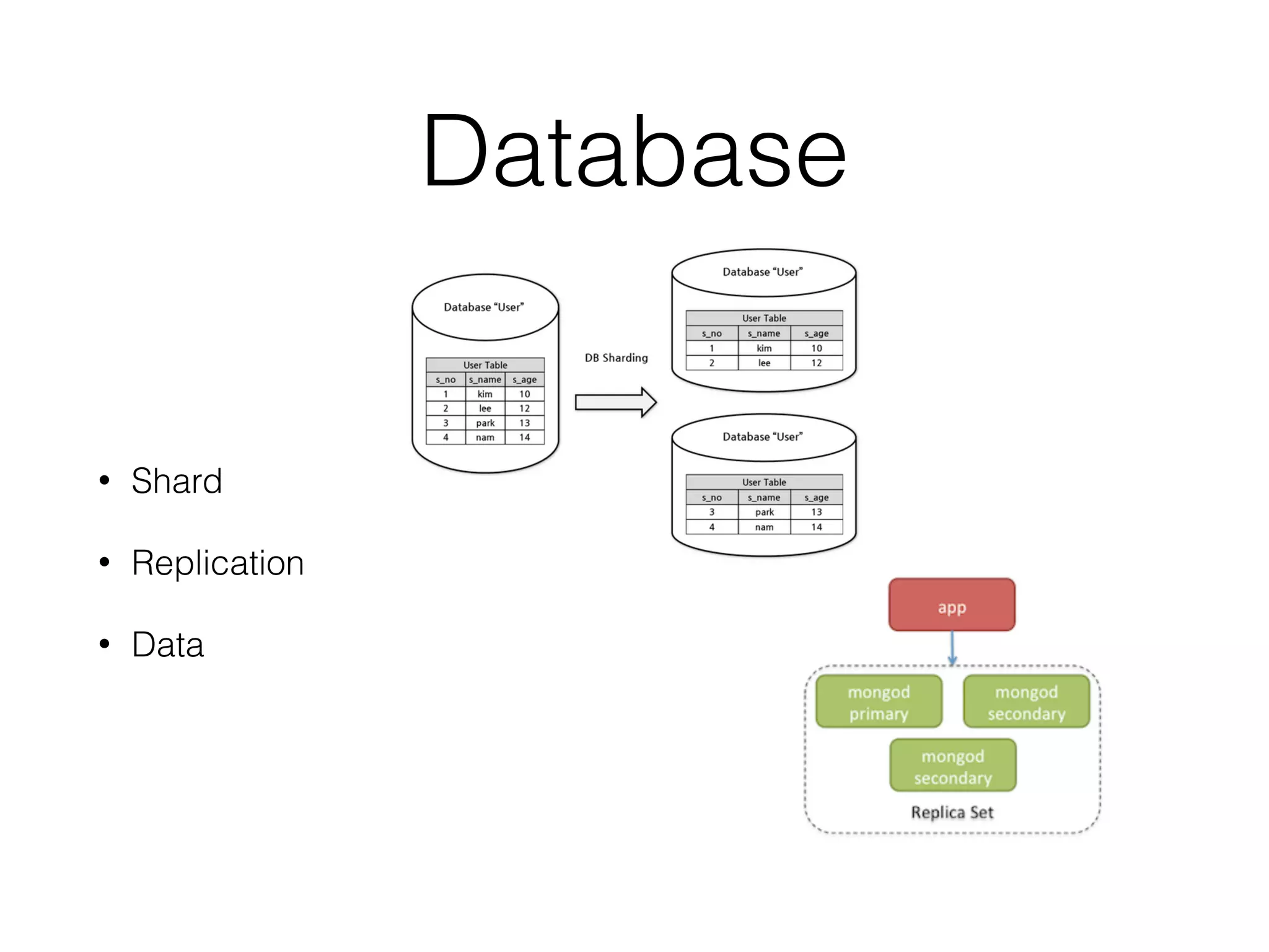 Database
• Shard
• Replication
• Data
 