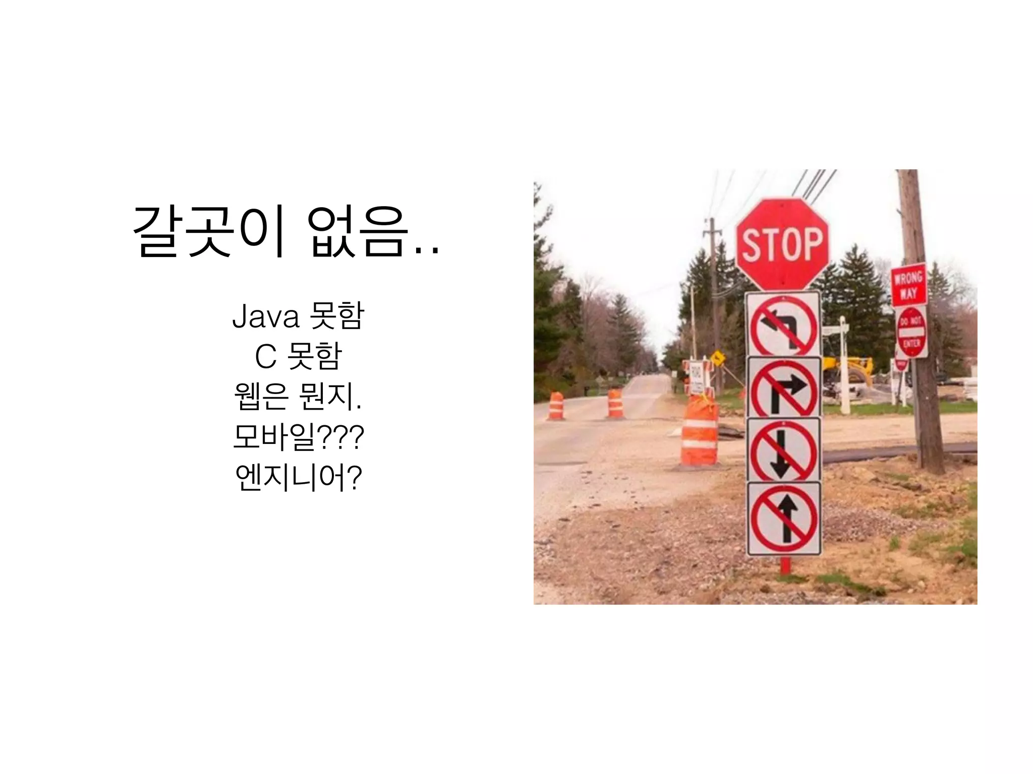 갈곳이 없음..
Java 못함
C 못함
웹은 뭔지.
모바일???
엔지니어?
 