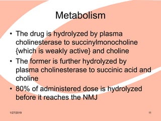 Metabolism
• The drug is hydrolyzed by plasma
cholinesterase to succinylmonocholine
{which is weakly active} and choline
• The former is further hydrolyzed by
plasma cholinesterase to succinic acid and
choline
• 80% of administered dose is hydrolyzed
before it reaches the NMJ
1/27/2019 11
 
