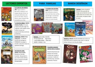 PARA FAMILIASLECTORES EXPERTOS BANDA DESEÑADA
LA VOZ DEL ÁRBOL. ANAYA .
Muñoz Puelles. Un verán,
Virginia descubre algo moi
especial: unha cabaña nunha
árbore na que van
aparecendo libros de forma
misteriosa.
EL CLUB DE LOS RAROS.
SM. Hugo é tatexo e
Bernardo é disléxico. Os 2
amigos deciden formar un
club para defenderse dos
que se ríen deles. Pouco a
pouco, vanse uniendo máis
compañeros ao Club.
A GUERRA DOS BOTÓNS.
XERA. Relata a rivalidade
que enfronta os nenos e
nenas de dúas vilas veciñas,
que dá lugar a numerosas
emboscadas e batallas,
entre un e outro bando.
MÚSICA para toda a familia
-PITUSA SEMIFUSA Olga Brañas
- COAS MIÑAS MANS: Pablo Díaz
-MARÍA FUMAÇA: Aire
PEQUEÑOS GRANDES
GESTOS POR EL PLANETA
Historia de persoas que
loitaron con accións
sinxelas que axudan a
conservar o medio en
beneficio das xeracións
presentes e futuras
CURUXA Conta a lenda de
Curuxa, unha aprendiz de
meiga, que privada da súa voz
e polo tanto da súa maxia, terá
unha misión, recuperar todas
as voces.
MARIETA. Dibbuks. Banda deseñada que conta cun
total éxito entre os lectores máis novos. A vida do
campo vista por una nena de cidade.
FORMIGAS. XERAIS- Pere
Tobaruela – En Misión
Camiño de Santiago os
FORMIG4S investigan o
estraño roubo dos restos do
apóstolo Santiago.
OS ECOS DO LUME.
XERAIS.-Anxo Fariña-
Durante un terrible
incendio , Noa perderá o
seu irmán nunha mámoa,
que é o acceso ao mundo
Introterrestre.
 