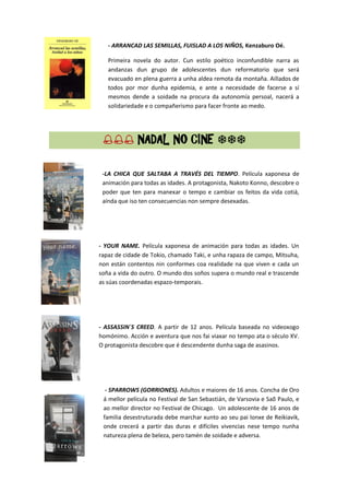 - ARRANCAD LAS SEMILLAS, FUISLAD A LOS NIÑOS, Kenzaburo Oé.
Primeira novela do autor. Cun estilo poético inconfundible narra as
andanzas dun grupo de adolescentes dun reformatorio que será
evacuado en plena guerra a unha aldea remota da montaña. Aillados de
todos por mor dunha epidemia, e ante a necesidade de facerse a sí
mesmos dende a soidade na procura da autonomía persoal, nacerá a
solidariedade e o compañerismo para facer fronte ao medo.
 NADAL NO CINE 
-LA CHICA QUE SALTABA A TRAVÉS DEL TIEMPO. Película xaponesa de
animación para todas as idades. A protagonista, Nakoto Konno, descobre o
poder que ten para manexar o tempo e cambiar os feitos da vida cotiá,
aínda que iso ten consecuencias non sempre desexadas.
- YOUR NAME. Película xaponesa de animación para todas as idades. Un
rapaz de cidade de Tokio, chamado Taki, e unha rapaza de campo, Mitsuha,
non están contentos nin conformes coa realidade na que viven e cada un
soña a vida do outro. O mundo dos soños supera o mundo real e trascende
as súas coordenadas espazo-temporais.
- ASSASSIN´S CREED. A partir de 12 anos. Película baseada no videoxogo
homónimo. Acción e aventura que nos fai viaxar no tempo ata o século XV.
O protagonista descobre que é descendente dunha saga de asasinos.
- SPARROWS (GORRIONES). Adultos e maiores de 16 anos. Concha de Oro
á mellor película no Festival de San Sebastián, de Varsovia e Saõ Paulo, e
ao mellor director no Festival de Chicago. Un adolescente de 16 anos de
familia desestruturada debe marchar xunto ao seu pai lonxe de Reikiavik,
onde crecerá a partir das duras e difíciles vivencias nese tempo nunha
natureza plena de beleza, pero tamén de soidade e adversa.
 