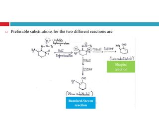  Preferable substitutions for the two different reactions are
Shapiro
reaction
Bamford-Steven
reaction
 