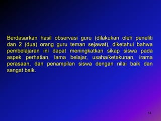 14
Berdasarkan hasil observasi guru (dilakukan oleh peneliti
dan 2 (dua) orang guru teman sejawat), diketahui bahwa
pembelajaran ini dapat meningkatkan sikap siswa pada
aspek perhatian, lama belajar, usaha/ketekunan, irama
perasaan, dan penampilan siswa dengan nilai baik dan
sangat baik.
 