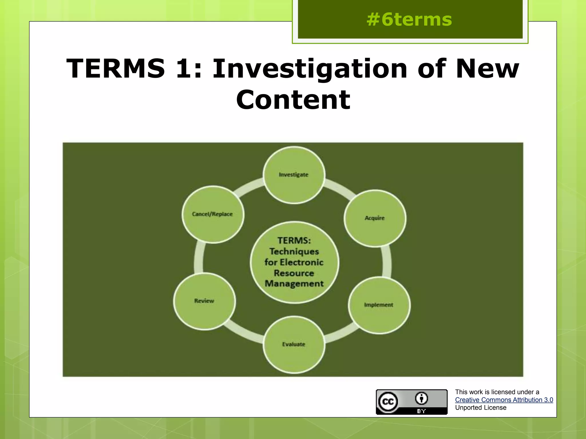 TERMS 1: Investigation of New
Content
#6terms
This work is licensed under a
Creative Commons Attribution 3.0
Unported License
 