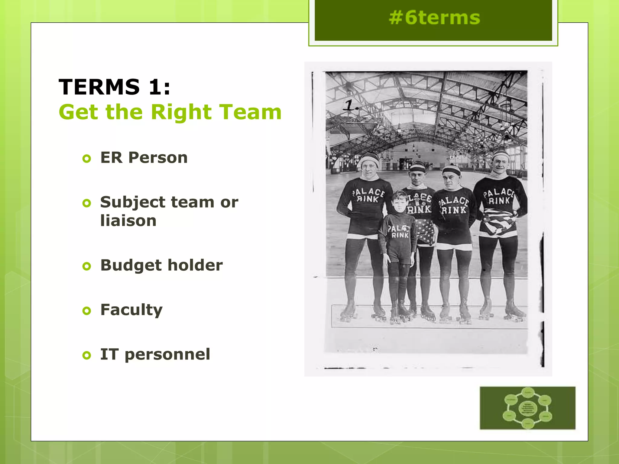 TERMS 1:
Get the Right Team
 ER Person
 Subject team or
liaison
 Budget holder
 Faculty
 IT personnel
 