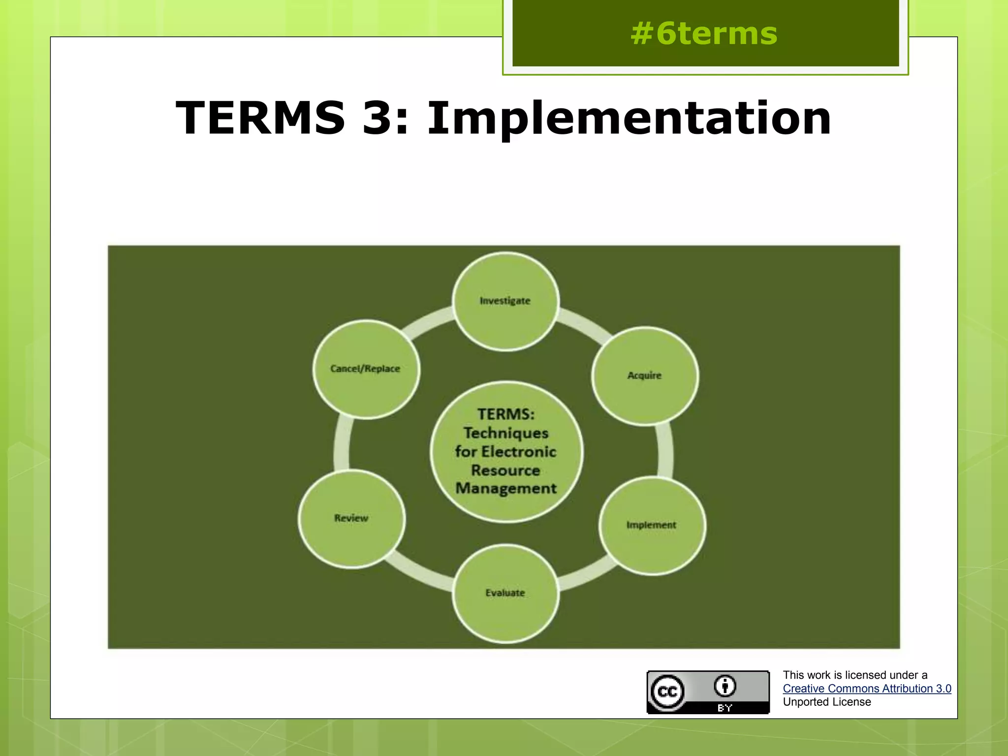 TERMS 3: Implementation
#6terms
This work is licensed under a
Creative Commons Attribution 3.0
Unported License
 