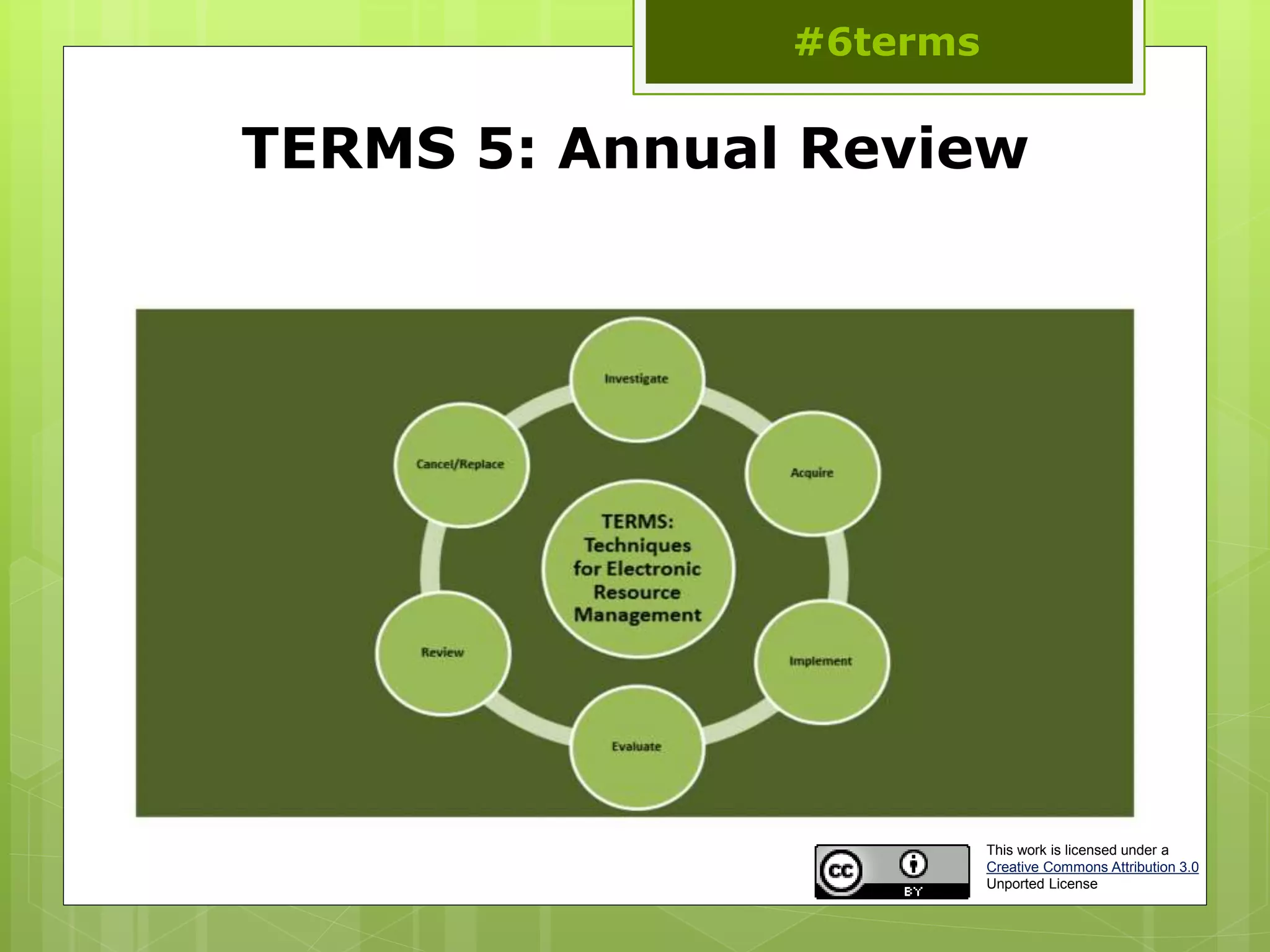 TERMS 5: Annual Review
#6terms
This work is licensed under a
Creative Commons Attribution 3.0
Unported License
 