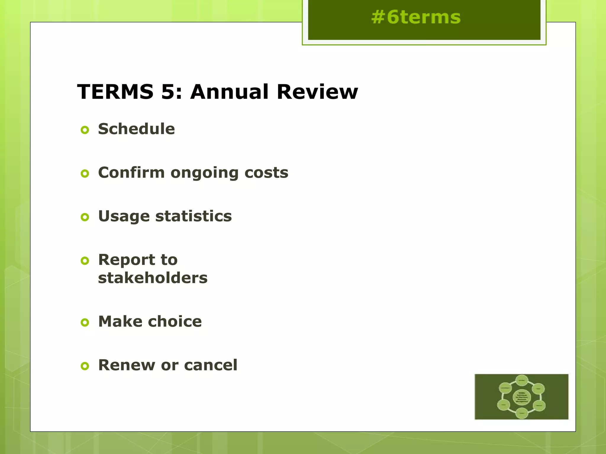 TERMS 5: Annual Review
 Schedule
 Confirm ongoing costs
 Usage statistics
 Report to
stakeholders
 Make choice
 Renew or cancel
 