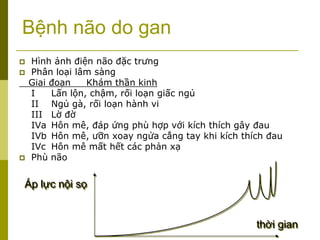 Bệnh não do gan
 Hình ảnh điện não đặc trưng
 Phân loại lâm sàng
Giai đoạn Khám thần kinh
I Lấn lộn, chậm, rối loạn giấc ngủ
II Ngủ gà, rối loạn hành vi
III Lờ đờ
IVa Hôn mê, đáp ứng phù hợp với kích thích gây đau
IVb Hôn mê, ưỡn xoay ngửa cẳng tay khi kích thích đau
IVc Hôn mê mất hết các phản xạ
 Phù não
Áp lực nội sọ
thời gian
 