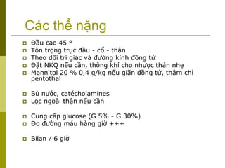 Các thể nặng
 Đầu cao 45 °
 Tôn trọng trục đầu - cổ - thân
 Theo dõi tri giác và đường kính đồng tử
 Đặt NKQ nếu cần, thông khí cho nhược thán nhẹ
 Mannitol 20 % 0,4 g/kg nếu giãn đồng tử, thậm chí
pentothal
 Bù nước, catécholamines
 Lọc ngoài thận nếu cần
 Cung cấp glucose (G 5% - G 30%)
 Đo đường máu hàng giờ +++
 Bilan / 6 giờ
 