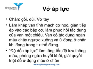 Vớ áp lực
• Chân: gối, đùi. Vớ tay
• Làm khép van tĩnh mạch cơ học, gián tiếp
ép vào các bắp cơ, làm phục hồi tác dụng
của van một chiều. Van có tác dụng ngăn
máu chảy ngược xuống và ứ đọng ở chân
khi đang trong tư thế đứng.
• “Độ dốc áp lực” làm tăng tốc độ lưu thông
máu, phòng ngừa huyết khối, giải quyết
triệt để ứ đọng máu ở chân
www.tuphuongpharmacy.com
 