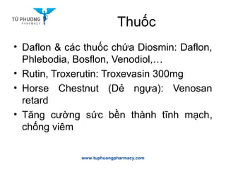 Thuốc
• Daflon & các thuốc chứa Diosmin: Daflon,
Phlebodia, Bosflon, Venodiol,…
• Rutin, Troxerutin: Troxevasin 300mg
• Horse Chestnut (Dẻ ngựa): Venosan
retard
• Tăng cường sức bền thành tĩnh mạch,
chống viêm
www.tuphuongpharmacy.com
 
