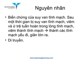 Nguyên nhân
• Biến chứng của suy van tĩnh mạch. Sau
một thời gian bị suy van tĩnh mạch, viêm
và ứ trệ tuần hoàn trong lòng tĩnh mạch,
viêm thành tĩnh mạch  thành các tĩnh
mạch yếu đi, giãn lớn ra.
• Di truyền.
www.tuphuongpharmacy.com
 