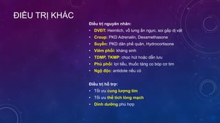 ĐIỀU TRỊ KHÁC
Điều trị nguyên nhân:
• DVĐT: Heimlich, vỗ lưng ấn ngực, soi gắp dị vật
• Croup: PKD Adrenalin, Dexamethasone
• Suyễn: PKD dãn phế quãn, Hydrocortisone
• Viêm phổi: kháng sinh
• TDMP, TKMP: chọc hút hoặc dẫn lưu
• Phù phổi: lợi tiểu, thuốc tăng co bóp cơ tim
• Ngộ độc: antidote nếu có
Điều trị hỗ trợ:
• Tối ưu cung lượng tim
• Tối ưu thể tích lòng mạch
• Dinh dưỡng phù hợp
 