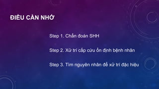 ĐIỀU CẦN NHỚ
Step 1. Chẩn đoán SHH
Step 2. Xử trí cấp cứu ổn định bệnh nhân
Step 3. Tìm nguyên nhân để xử trí đặc hiệu
 