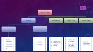 Suy hô hấp
Hô hấp Tuần hoàn Thần kinh Thành ngực
Hô hấp trên Hô hấp dưới
• Khó thở
thanh quản
• Khàn tiếng
• Rút lõm hõm
ức
• Khò khè
• Ran phổi
• Tiền sử TBS
• Khám tim bất
thường
• Gan to
• Tiền sử bệnh
lý thần kinh
• Quan sát tư
thế, khám
thàn kinh gợi
ý
• Bệnh sử
chấn thương
thành ngực,
…
 