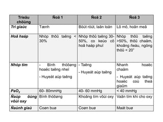 Trieäu
chöùng
Ñoä 1 Ñoä 2 Ñoä 3
Tri giaùc Tænh Böùt röùt, laãn loän Lô mô, hoân meâ
Hoâ haáp Nhòp thôû taêng <
30%
Nhòp thôû taêng 30-
50%, co keùo cô
hoâ haáp phuï
Nhòp thôû taêng
>50%, thôû chaäm,
khoâng ñeàu, ngöng
thôû < 20”
Nhòp tim - Bình thöôøng
hoaëc taêng nheï
- Huyeát aùp taêng
- Taêng
- Huyeát aùp taêng
Nhanh hoaëc
chaäm
- Huyeát aùp taêng
hoaëc coù theå
giaûm
PaO2 60- 80mmHg 40- 60 mmHg < 40 mmHg
Ñaùp öùng
vôùi oxy
Bình thöôøng Khoâng tím vôùi oxy Vaãn tím khi cho oxy
Ñaùnh giaù Coøn buø Coøn buø Maát buø
 