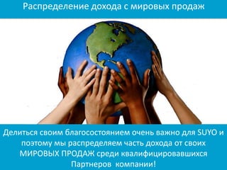 Делиться своим благосостоянием очень важно для SUYO и
поэтому мы распределяем часть дохода от своих
МИРОВЫХ ПРОДАЖ среди квалифицировавшихся
Партнеров компании!
Распределение дохода с мировых продаж
 