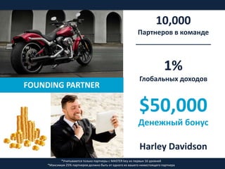 FOUNDING PARTNER
10,000
Партнеров в команде
____________________
1%
Глобальных доходов
$50,000
Денежный бонус
Harley Davidson
*Учитываются только партнеры с MASTER key из первых 16 уровней
*Максимум 25% партнеров должно быть от одного из вашего нижестоящего партнера
 