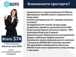 Возможности престарта!!
Всего $74
+ $25 активация
Обычная цена $499
- Годовой доступ к скидочному балансу $2,000 для
бронирования 350,000 отелей и апартаментов по
всему миру!
- Участие в распределении 2% с доходов компании
по Стране!
- 25 подарочных VIP ключей, которые дадут
возможность заработать дополнительные $500!
- Самая высокая прямая комиссия в отрасли - 20%!
- Командные бонусы до 16 уровня!
- Дополнительные бонусы участия в распределении
дохода с глобальных продаж компании!
- Возможность занять наивысшие ранги в компании
с бонусом до 500 000 USD и ценными призами!
- Мы произведем апгрейд вашего членства до
MASTER пакета после привлечения в вашу команду
2 партнеров!Стань
со-основателем SUYO
СЕГОДНЯ!
 