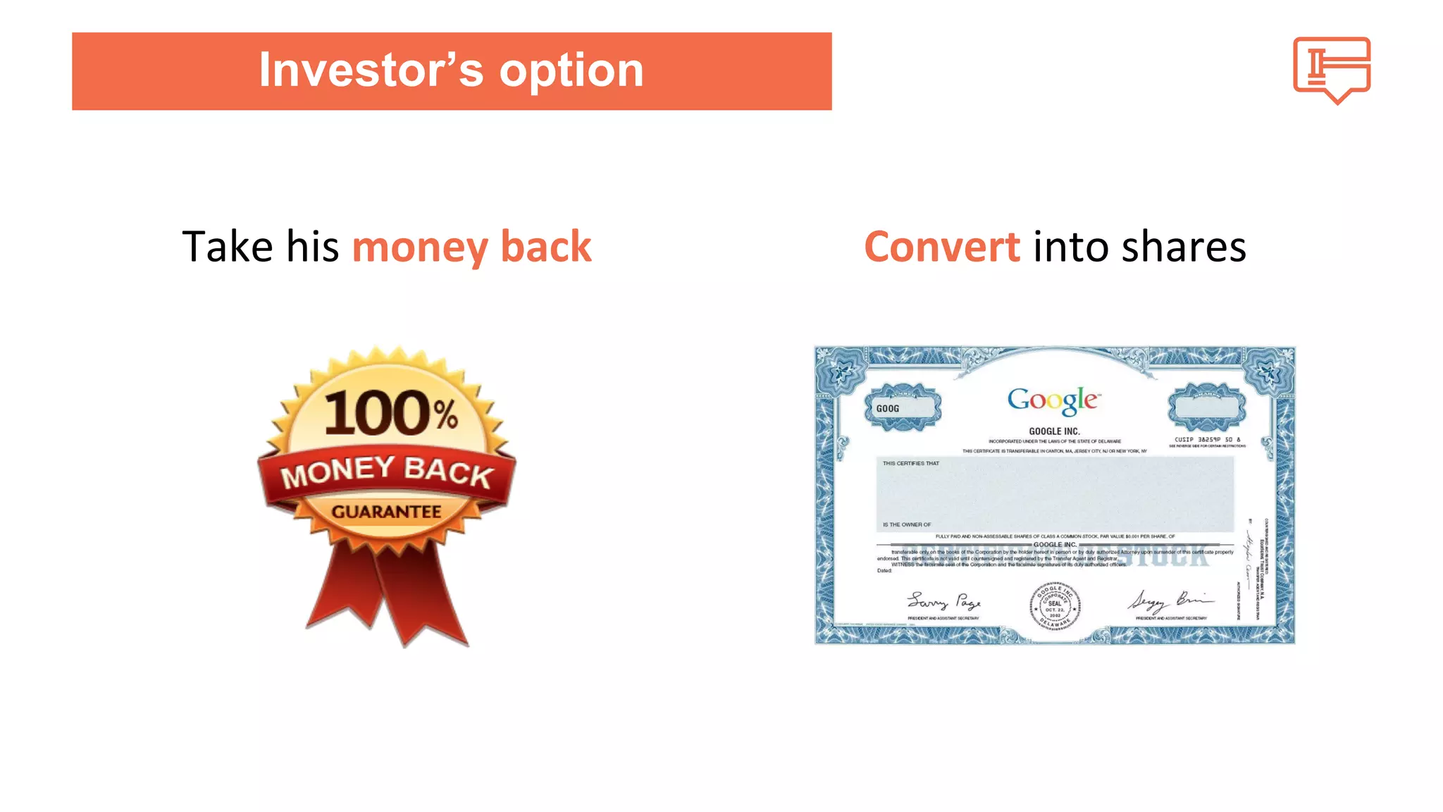 Investor’s Ionpvtieonstor’s option 
Take his money back Convert into shares 
 