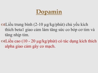 Liều trung bình (2-10 µg/kg/phút) chủ yếu kích
thích beta1 giao cảm làm tăng sức co bóp cơ tim và
tăng nhịp tim.
Liều cao (10 - 20 µg/kg/phút) có tác dụng kích thích
alpha giao cảm gây co mạch.
Dopamin
 