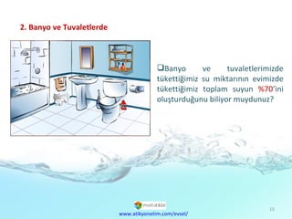2. Banyo ve Tuvaletlerde Banyo ve tuvaletlerimizde tükettiğimiz su miktarının evimizde tükettiğimiz toplam suyun  %70 ’ini oluşturduğunu biliyor muydunuz? www.atikyonetim.com/evsel/ 