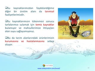 Doğal  Kaynaklar Sorunu Su kaynaklarımızdan faydalandığımız diğer bir üretim alanı da  tarımsal  faaliyetlerimizdir.  Su kaynaklarımızın tükenmesi sonucu tarlalarımızı sulamak için  temiz kaynaklar  bulamıyor ve mahsullerimize ihtiyaçları olan suyu sağlayamıyoruz. Bu da tarım alanlarındaki ürünlerimizin  kurumasına ve hastalanmasına  sebep oluyor.  www.atikyonetim.com/evsel/ 