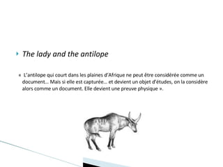 The lady and the antilope «  L’antilope qui court dans les plaines d’Afrique ne peut être considérée comme un document… Mais si elle est capturée… et devient un objet d’études, on la considère alors comme un document. Elle devient une preuve physique ». 
