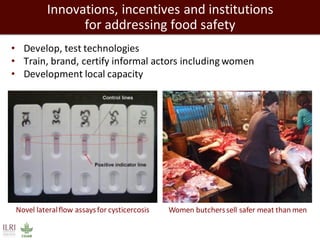 Innovations, incentives and institutions
for addressing food safety
• Develop, test technologies
• Train, brand, certify informal actors including women
• Development local capacity
Novel lateralflow assaysfor cysticercosis Women butcherssell safer meat than men
 