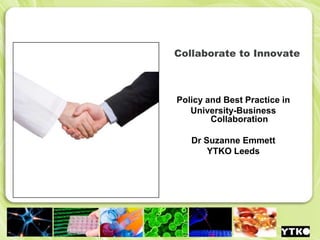 Collaborate to Innovate Policy and Best Practice in  University-Business Collaboration Dr Suzanne Emmett YTKO Leeds 