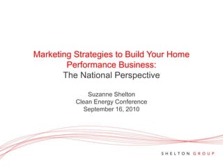 Marketing Strategies to Build Your Home Performance Business:The National PerspectiveSuzanne Shelton Clean Energy Conference September 16, 2010 
