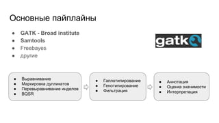 Основные пайплайны
● GATK - Broad institute
● Samtools
● Freebayes
● другие
● Выравнивание
● Маркировка дупликатов
● Перевыравнивание инделов
● BQSR
● Гаплотипирование
● Генотипирование
● Фильтрация
● Аннотация
● Оценка значимости
● Интерпретация
 