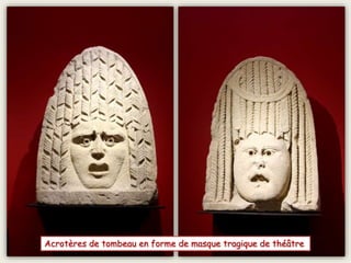 Acrotères de tombeau en forme de masque tragique de théâtre
 