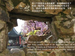 有几个园里有古老的藤萝，盘曲嶙峋的枝干
    就是一幅好画。开花的时候满眼的珠光宝
    气，使游览者感到无限的繁华和欢悦，可是
    没法说出来。




 There are ancient wisterias in some gardens; the flexed
and bony branch itself is an excellent topic of a
painting. It seems as if bedecked in jewels in blossom
season. Visitors would fell an inexpressible sense of
prosperous and joy.
 